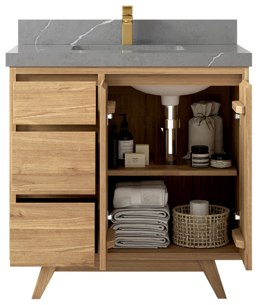 Madison Teak 36 Center Sink Bath Vanity in Light Natural 2" Piatra Gray