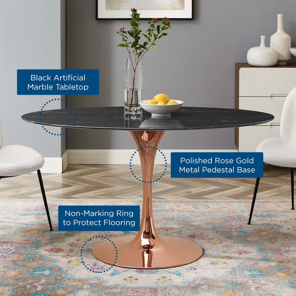 Dining Table, Oval, Artificial Marble, Metal, Rose Gold Black, Modern, Bistro