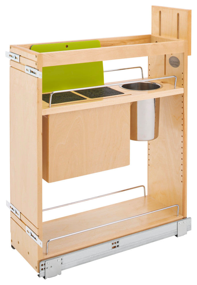 Wood Base Cabinet Knife Block Pull Out Organizer With Soft Close, 8.75"