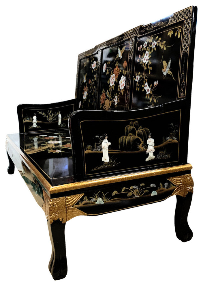Asian Black Lacquer Dragon Leg Sofa With Silk Cushion