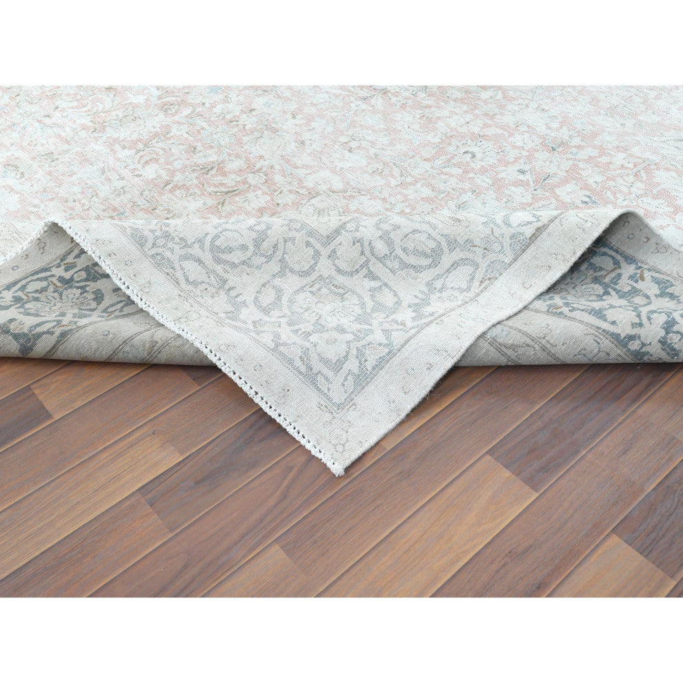 Worn Wool, Hand Knotted, Ivory, Vintage Persian Kerman, Oriental Rug 9'8"x12'10"