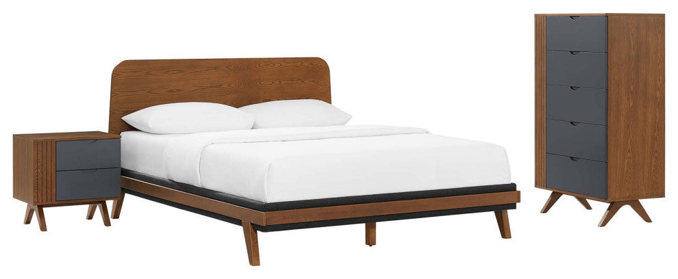 Platform Bed Dresser Chest Nightstand Set, Queen, Walnut, Wood, Modern