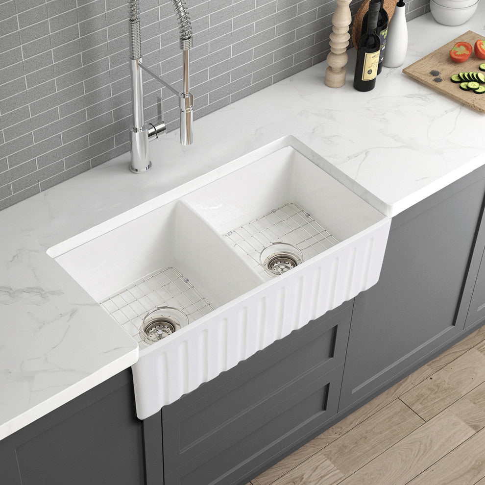 33" L X 20" W Double Basin Farmhouse Kitchen Sink With Grid And Strainer