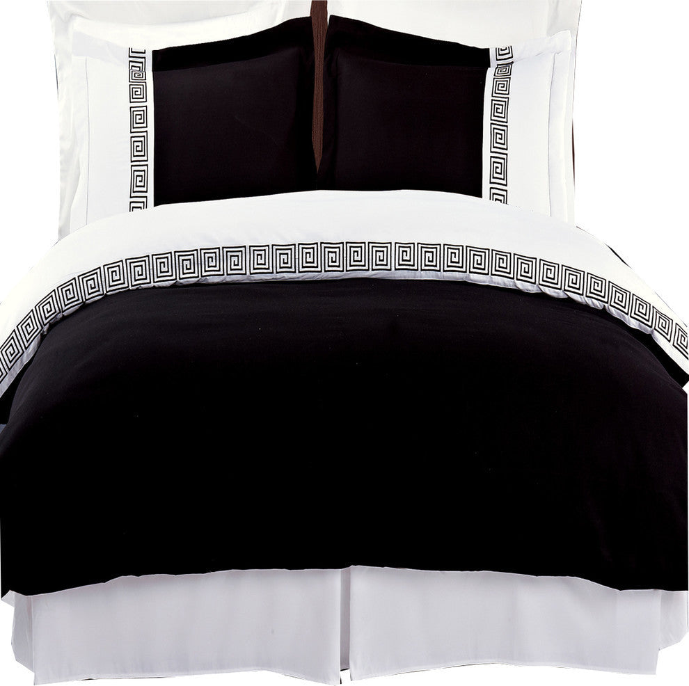 Astrid Embroidered Microfiber Duvet Cover Set, Black and White, King/Cal King