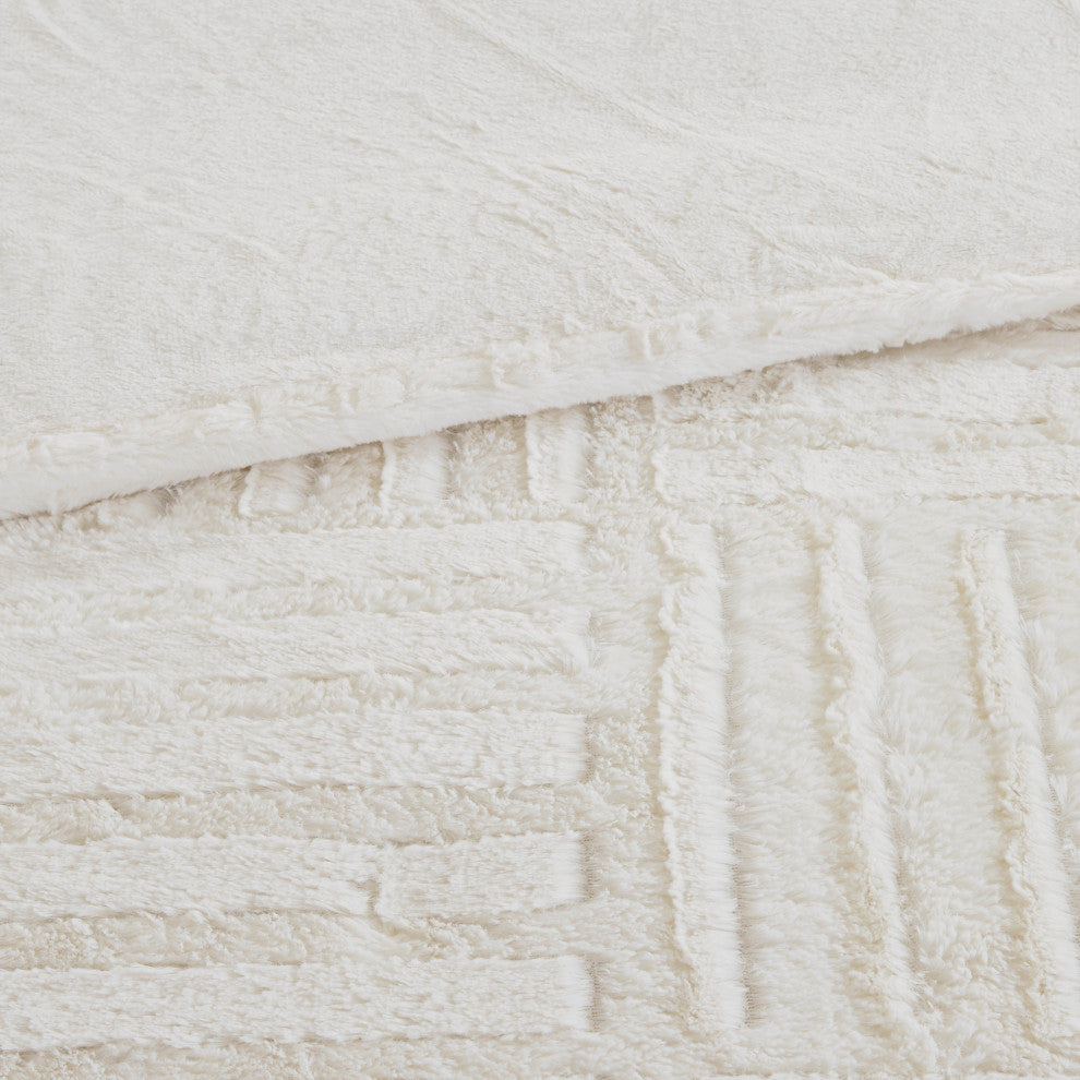 Madison Park Checkboard Brushed Long Fur Comforter Mini Set, Ivory, Full/Queen