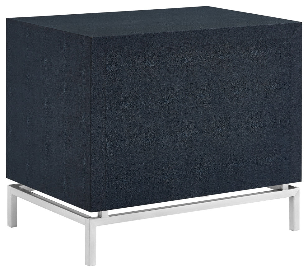 Nicole Miller Aharon Side Table, 2 Drawers, Faux Shagreen, Navy/Chrome