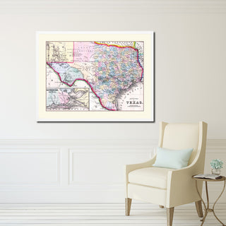 Texas Vintage Old Map Print On Canvas With Picture Frame 28" X 37"