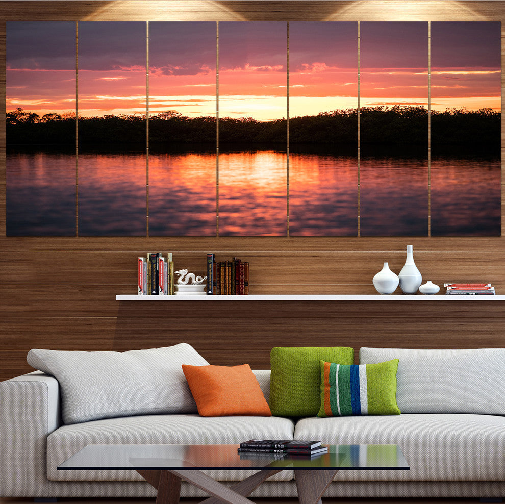 Sunset on Tropical Lagoon, Landscape Canvas Art Print, 83"x32", 7 Panels