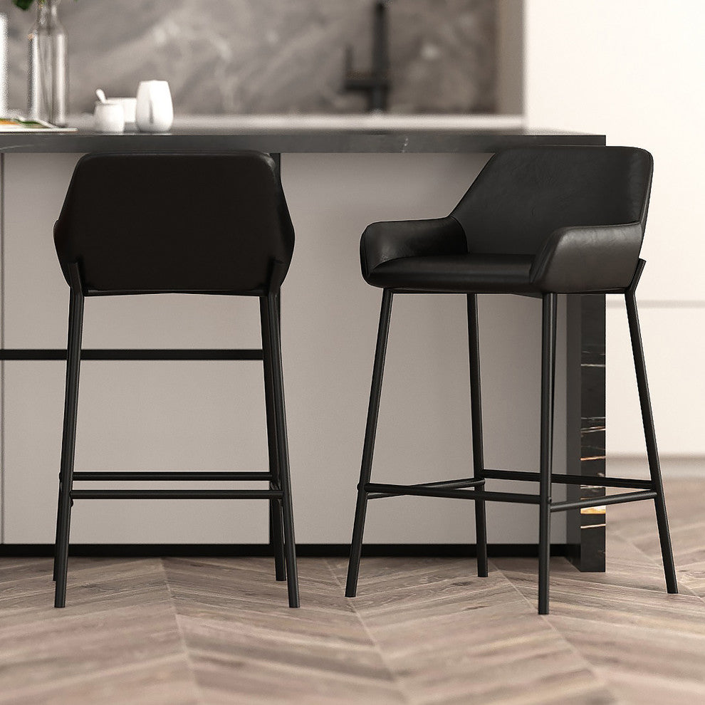 Contemporary Faux Leather/Metal 26" Counter Stool, Set of 2, Black