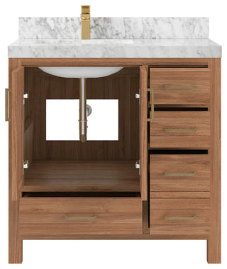 Malibu Teak 36" Left Offset Bath Vanity in Dark Natural 2" Carrara Marble