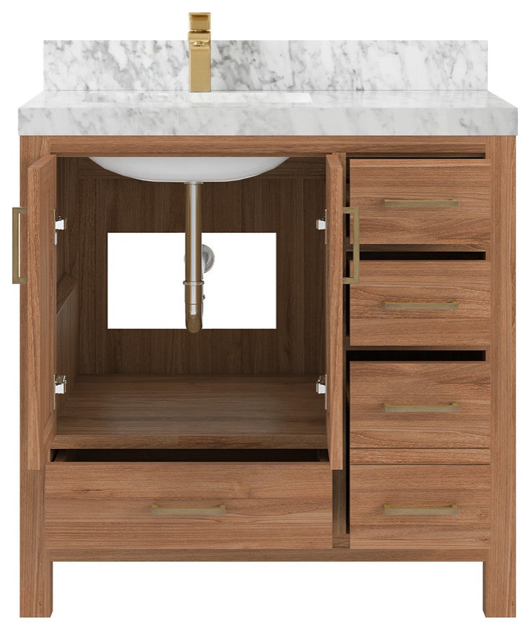 Malibu Teak 36" Left Offset Bath Vanity in Dark Natural 2" Carrara Marble