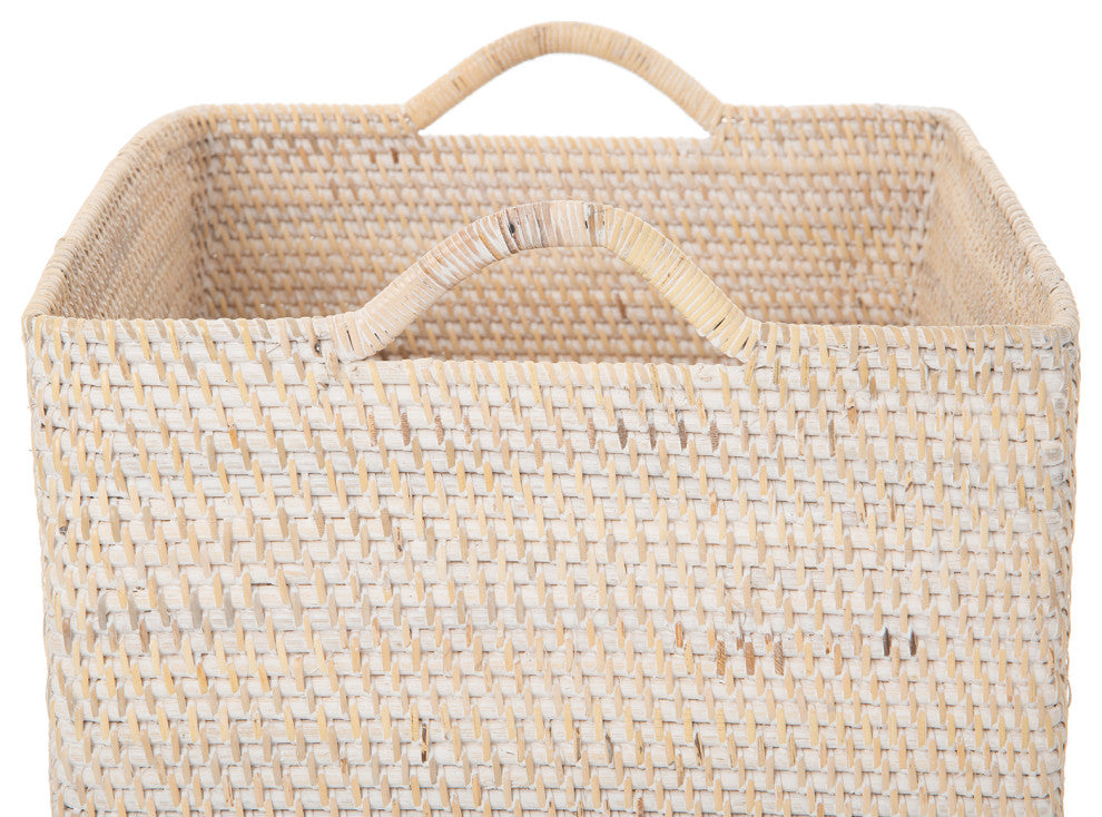 Loma Rectangular Tall Decorative Rattan Storage Basket with Ear Handles, Large, White Wash