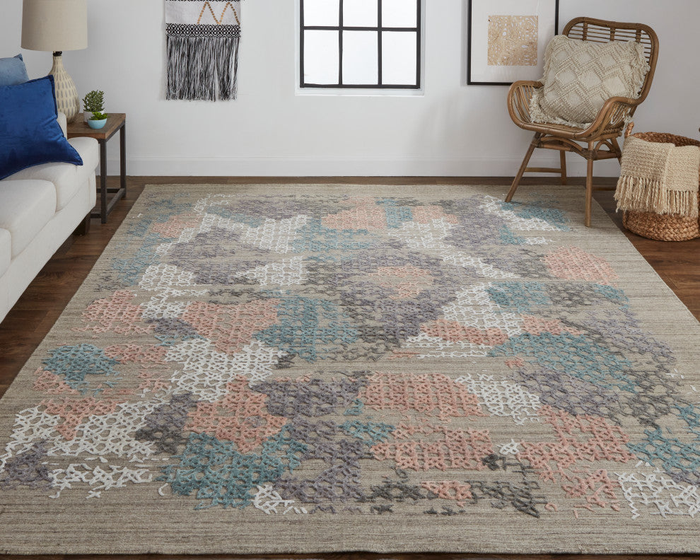 Weave & Wander Huntley Rug, Coral Pink/Blue/Taupe, 3'-6" X 5'-6"