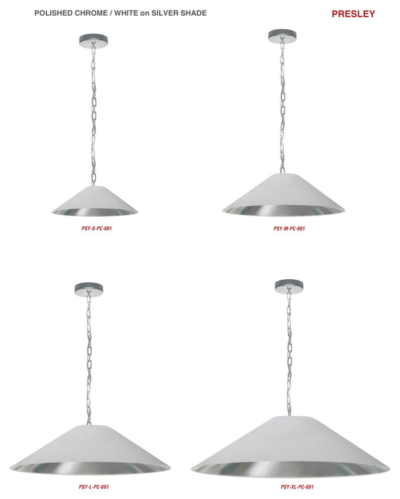Presley Incandescent Pendant, Polished Chrome with White / Silver Shade, M