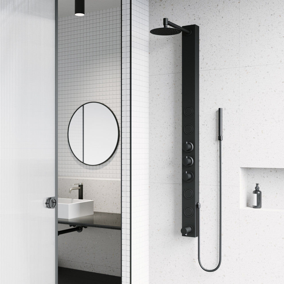 Bowery 58" H x 4" W 4-Jet Shower Panel with Round Shower Head and Tub Filler, Matte Black
