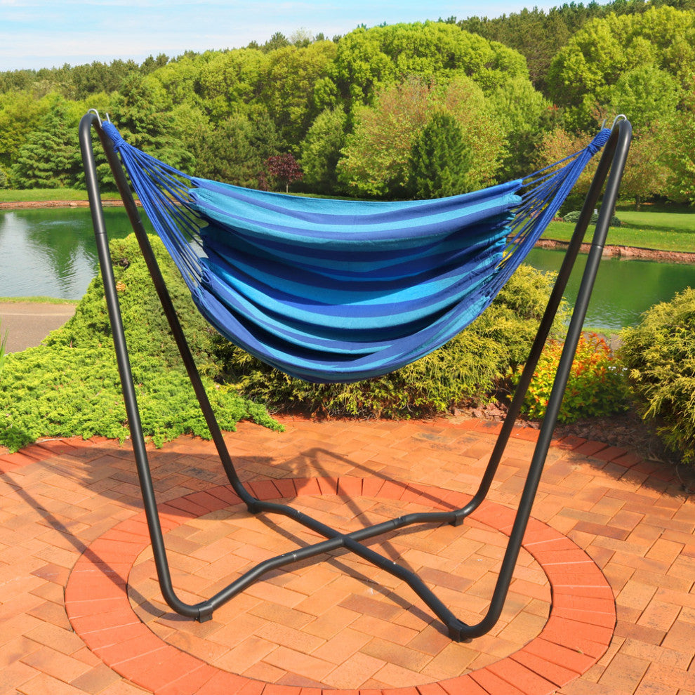Sunnydaze Hanging Hammock Chair Swing With Space-Saving Stand, Beach Oasis