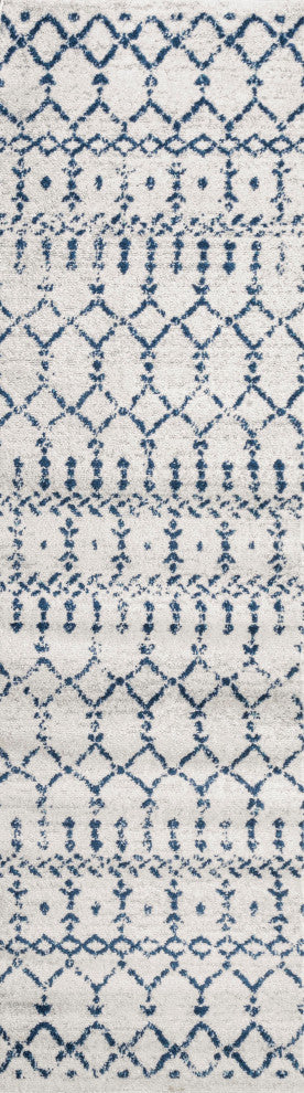 Moroccan HYPE Boho Vintage Diamond Runner Rug, Cream/Navy, 2 X 8
