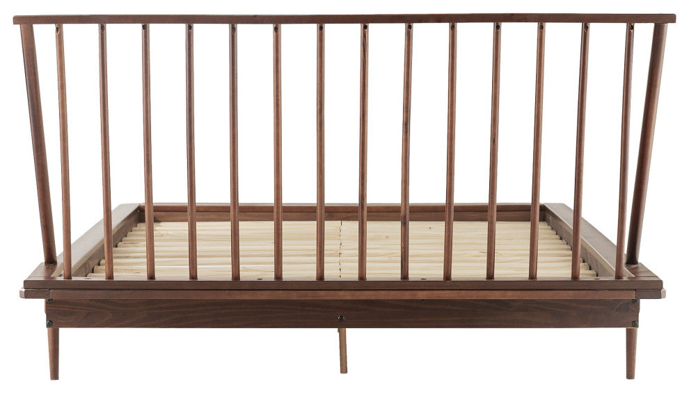 Queen Size Platform Bed, Pine Wood Construction With Spindle Headboard, Walnut