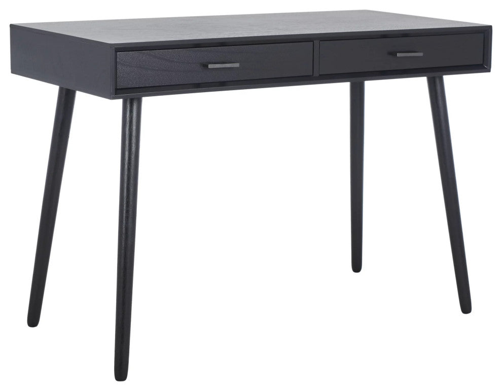 Contemporary Desk, Slim Angled Legs & 2 Drawers With Metal Pulls Handles, Black