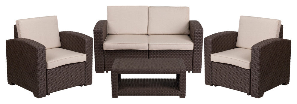 4 Piece Outdoor Faux Rattan Chair, Loveseat and Table Set in Chocolate Brown