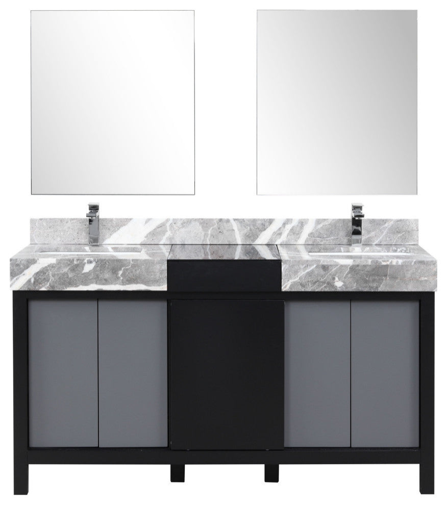 60" Double Vanity, Marble Tops, Square Sinks, Faucet Set,&28" Frameless Mirrors