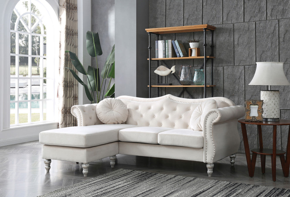 Hollywood Velvet Tufted sofa With Reversible Chaise, Ivory
