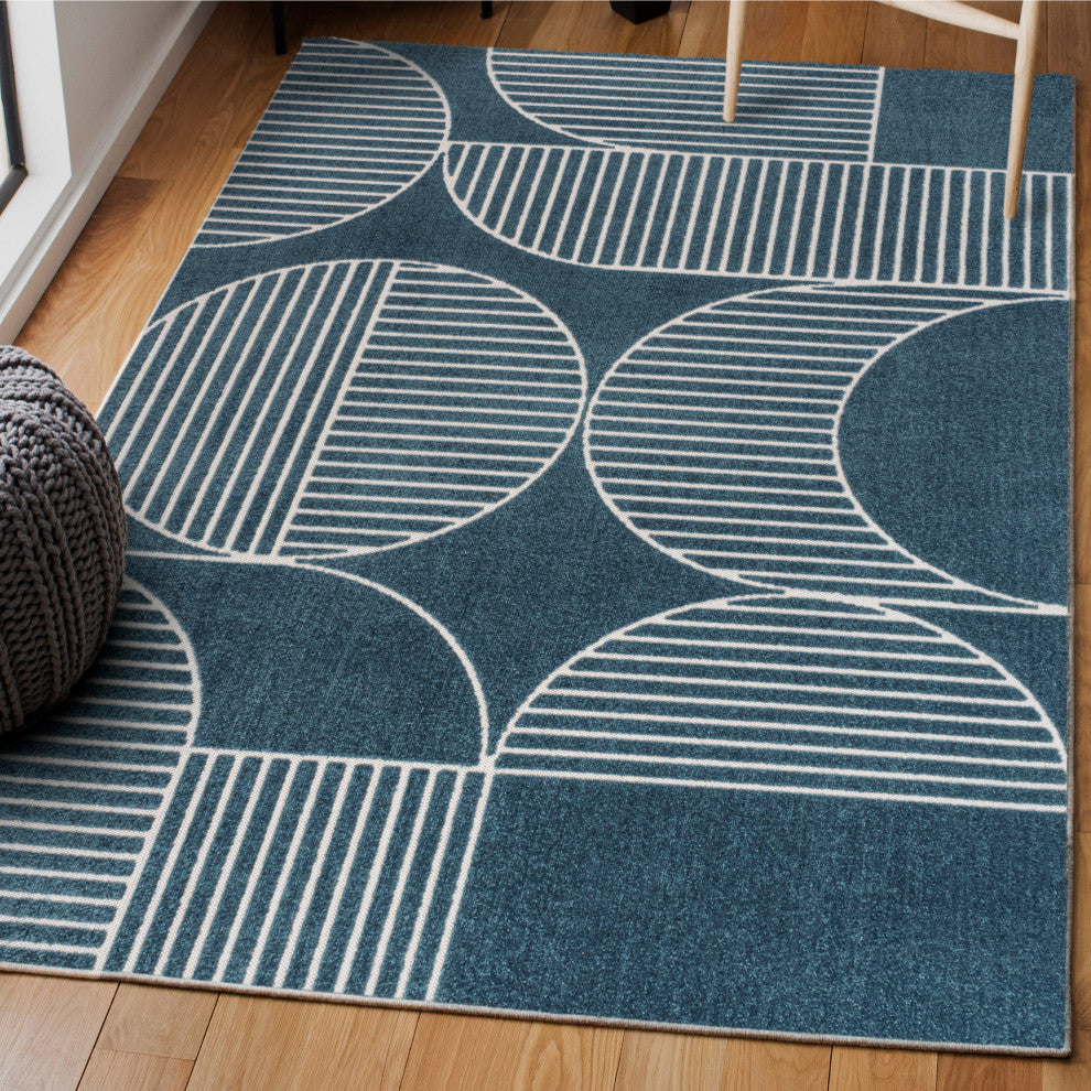 High-Low Arch Scandi Striped Navy/Cream 3 ft x 5 ft Indoor/Outdoor Area Rug