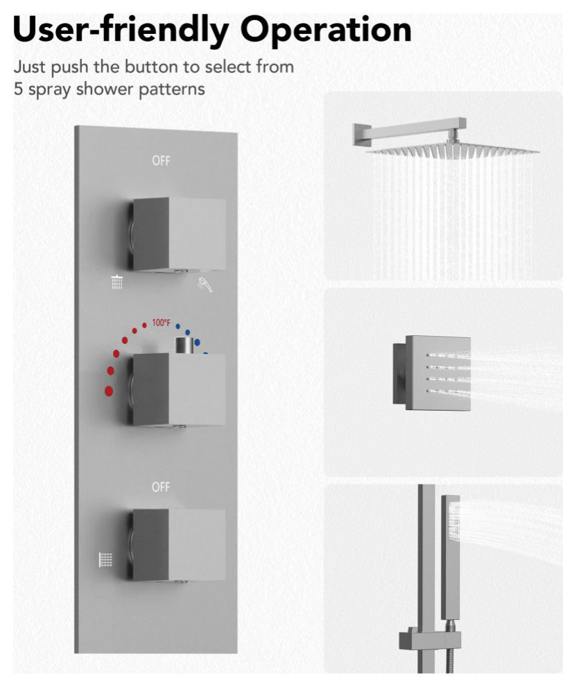 Thermostatic Shower Faucet 12" Rain Shower Head with Handheld Slide Bar System, Brushed Nickel