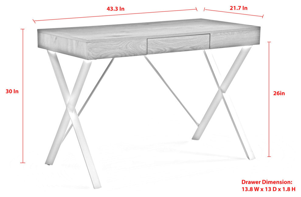 Loft Lyfe Clint Desk, 1 Storage Drawer, White/Gold 43.3Lx21.7Wx30H