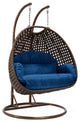 LeisureMod Mendoza Dark Brown Wicker Hanging Double Egg Swing Chair, Blue