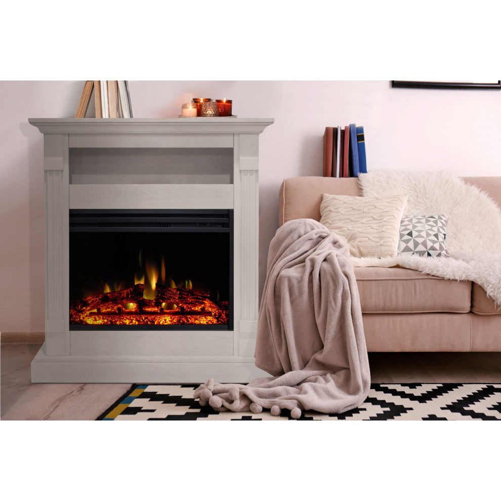 Sienna 34" Electric Fireplace Heater With Mantel, Multicolor Flames, White