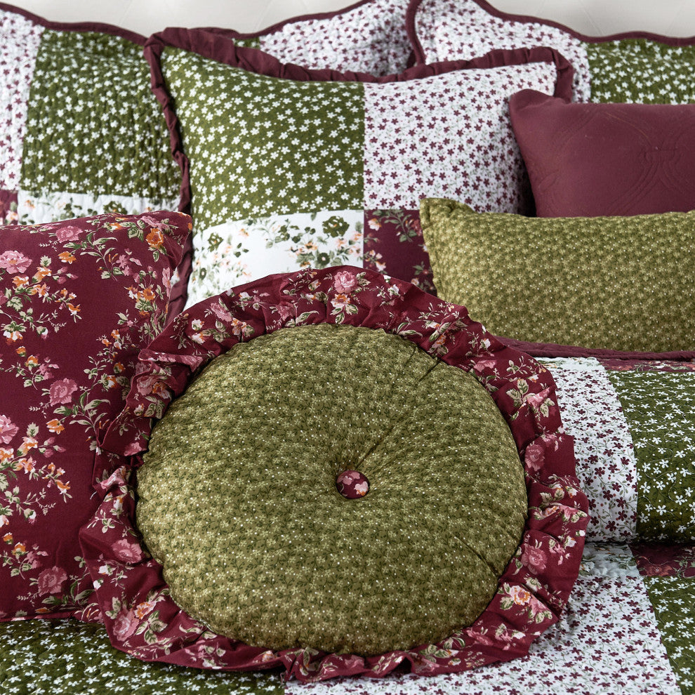 Patchwork Quilted 8-Piece Bed Spread Coverlet Set, Burgundy, Queen
