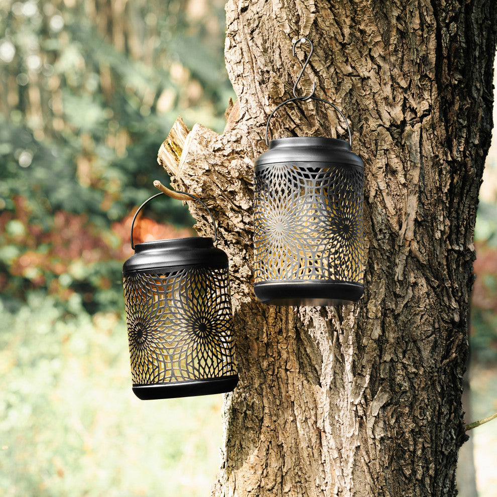 Metal Cutout Solar Powered Hanging Lantern, 2-Piece Set