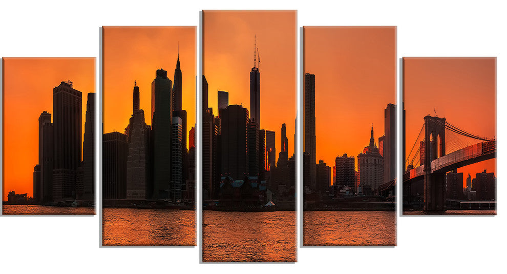 Silhouettes of Manhattan Panorama, Orange, Canvas Print, 60"x32", 5 Panels