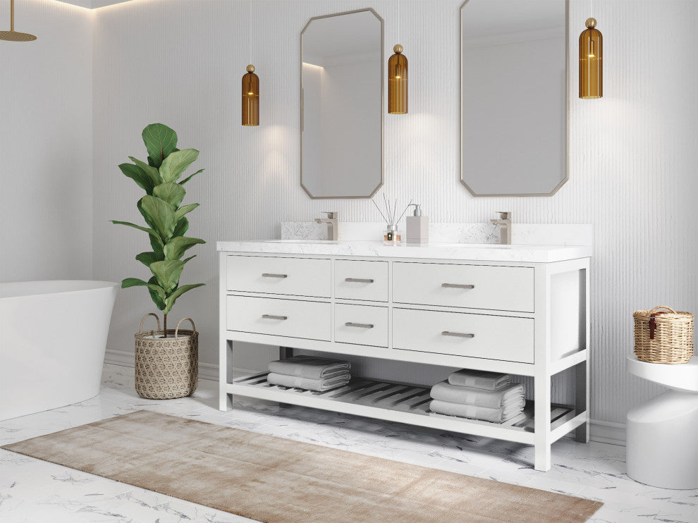 Parker 72 Double Sink Bath Vanity in White 2" Carrara Quartz