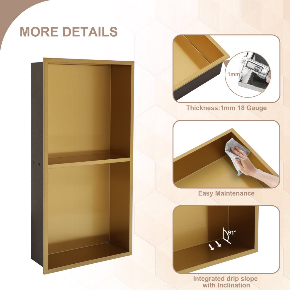 Stainless Steel Shower Niche Recessed Double Layer No Tile Needed , Gold