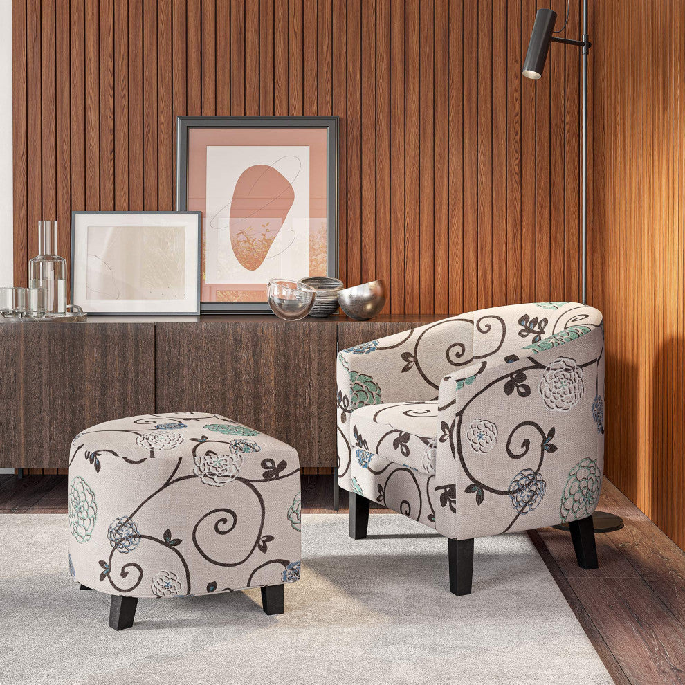 Accent Chair w/ Ottoman Round Arms Curved Back French Print Script,Beige Floral