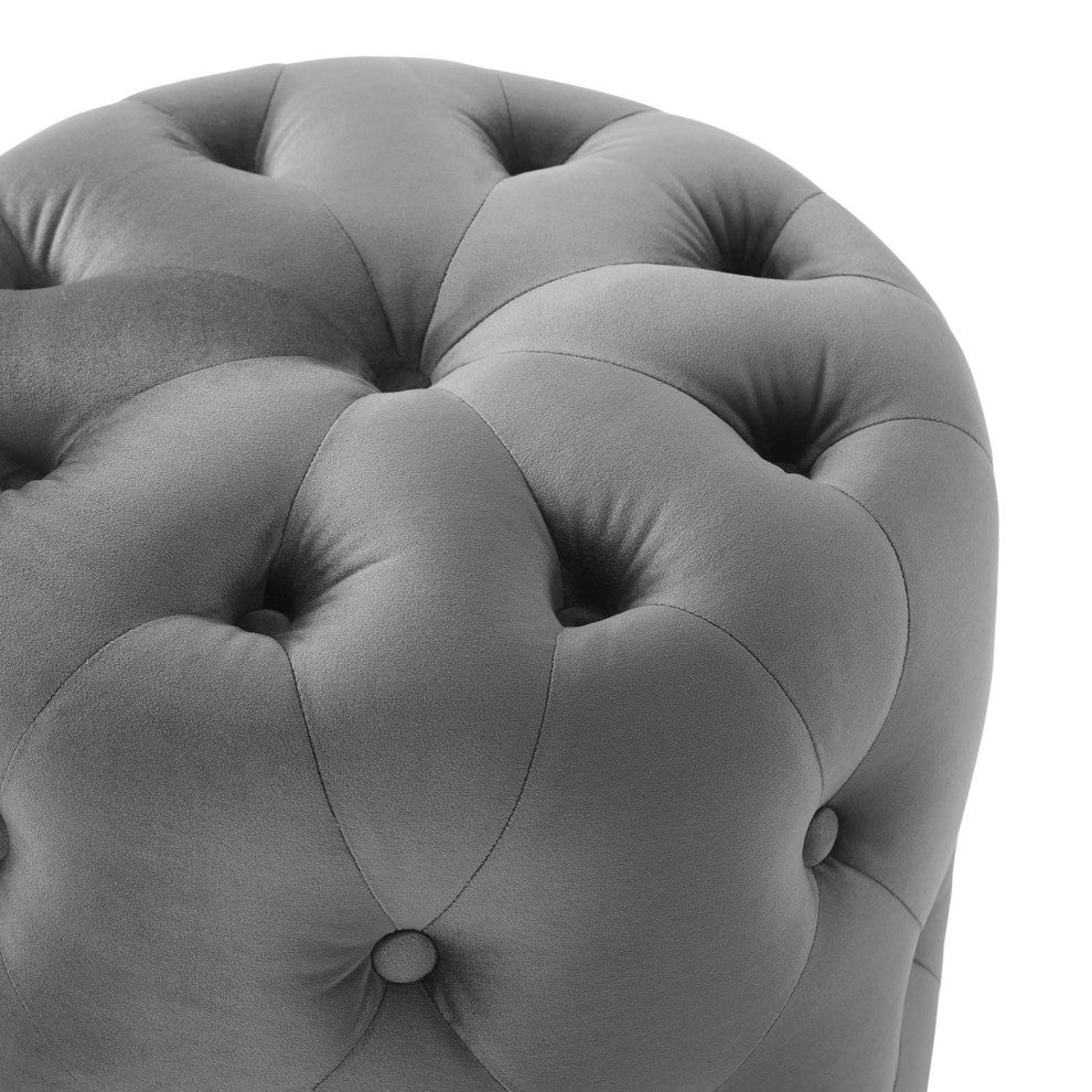 Amour Tufted Button Round Performance Velvet Ottoman-Gray
