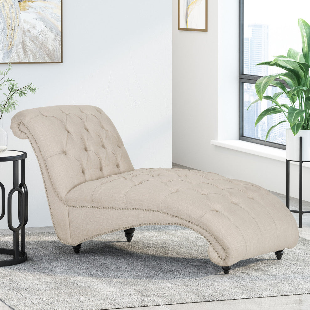 Meigs Varnell Contemporary Button Tufted Chaise Lounge, Beige + Walnut