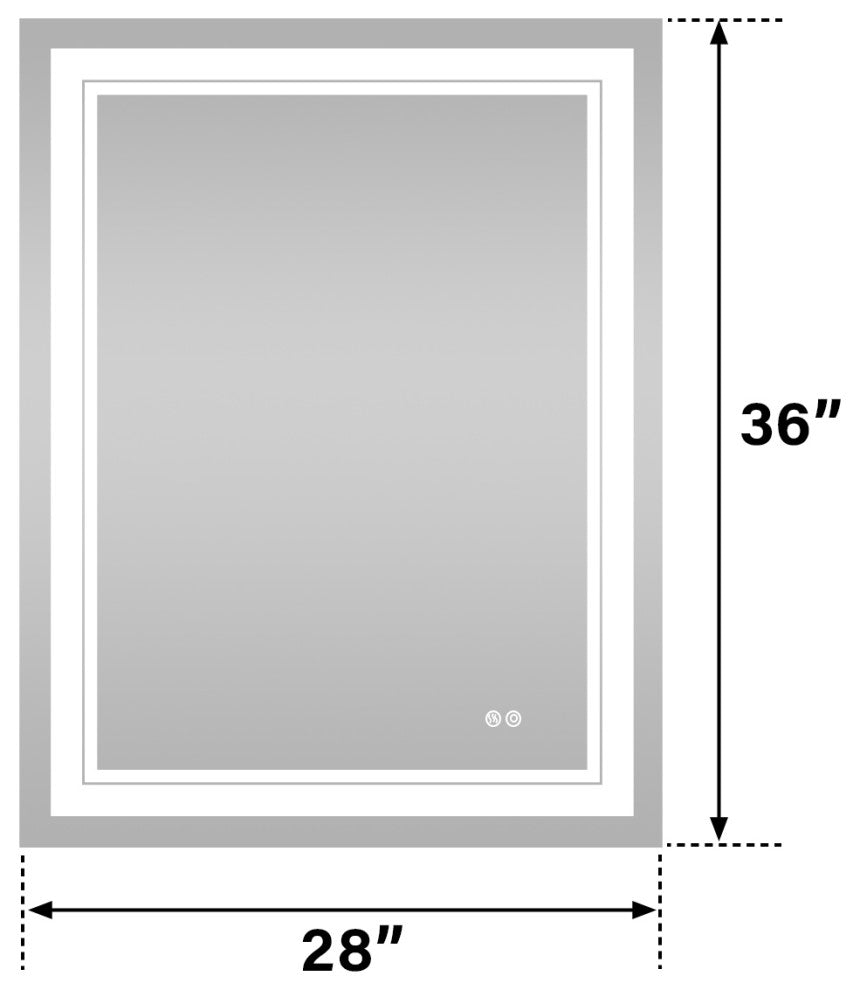 Frameless LED Lighted Bathroom Mirror With Defogger Dimmer, 28"x36"