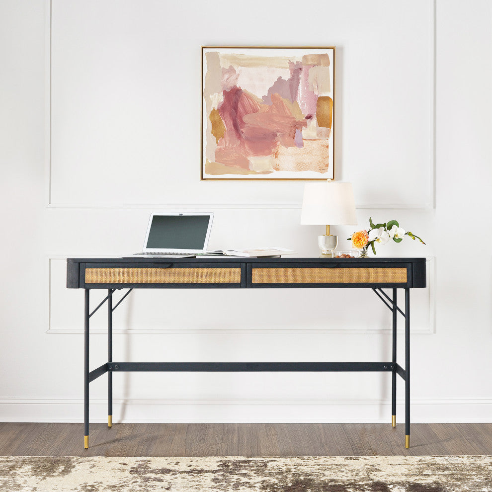 Saratoga 2 Drawer Desk in Black Acacia with Rattan