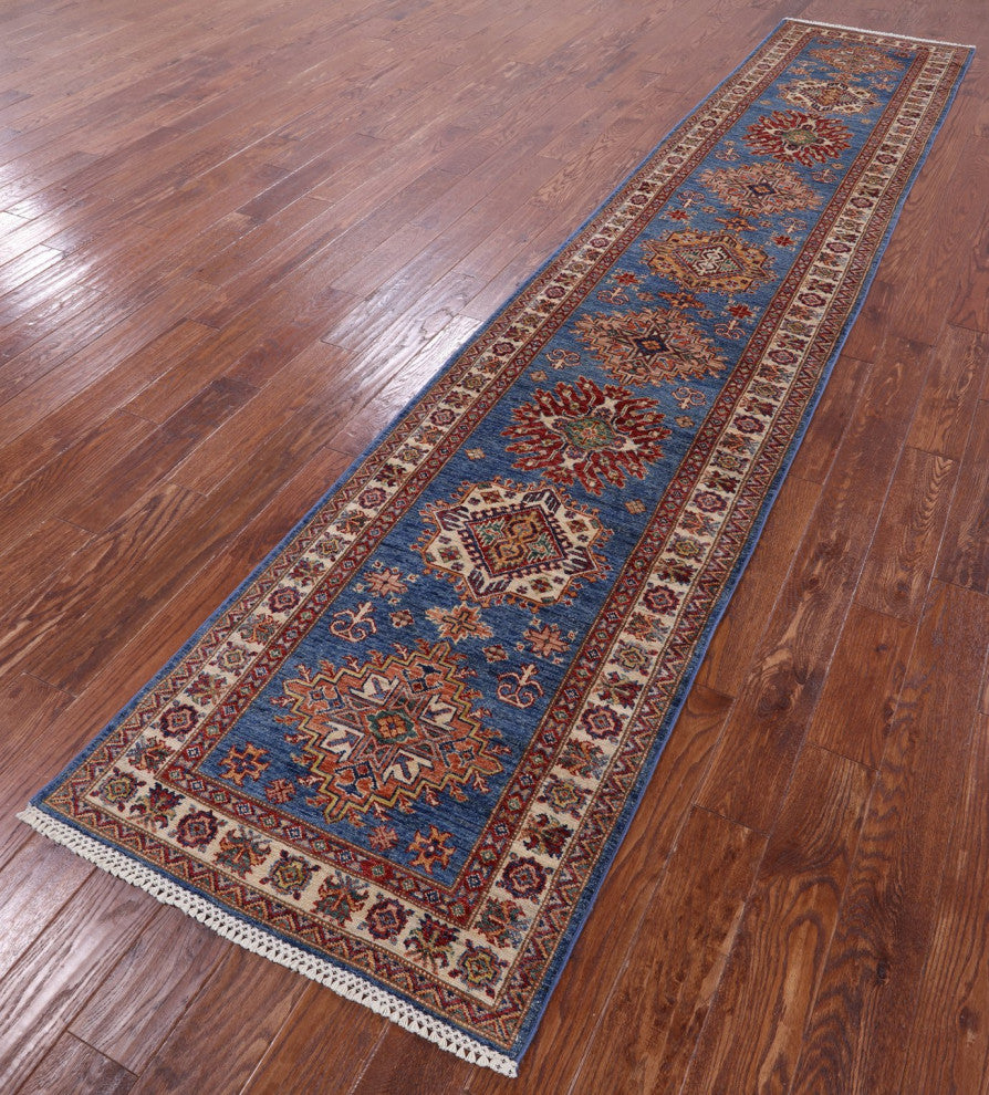 2' 9" X 13' 5" Super Kazak Geometric Handmade Wool Runner Rug - Q12998