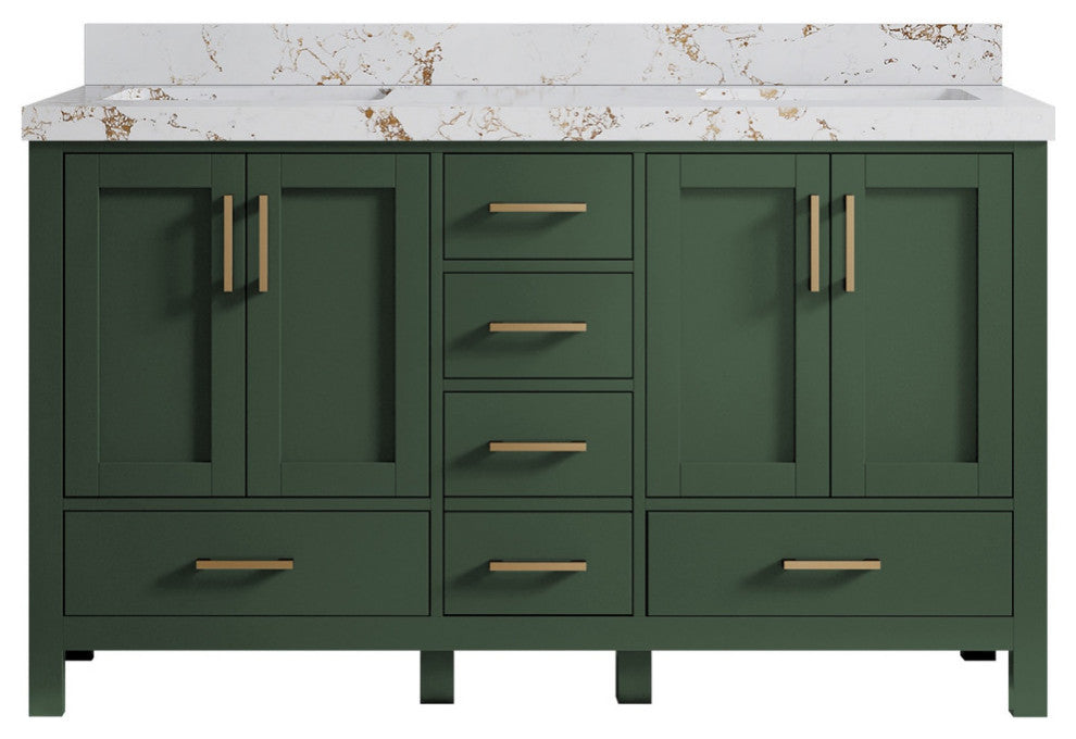 Malibu 60 Double Sink Bathroom Vanity in Lafayette Green 2" Viola Gold