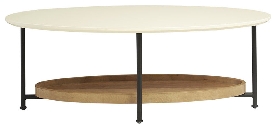 Madison Park Beaumont White Oval Coffee Table With Wood Base Shelf, Coffee Table