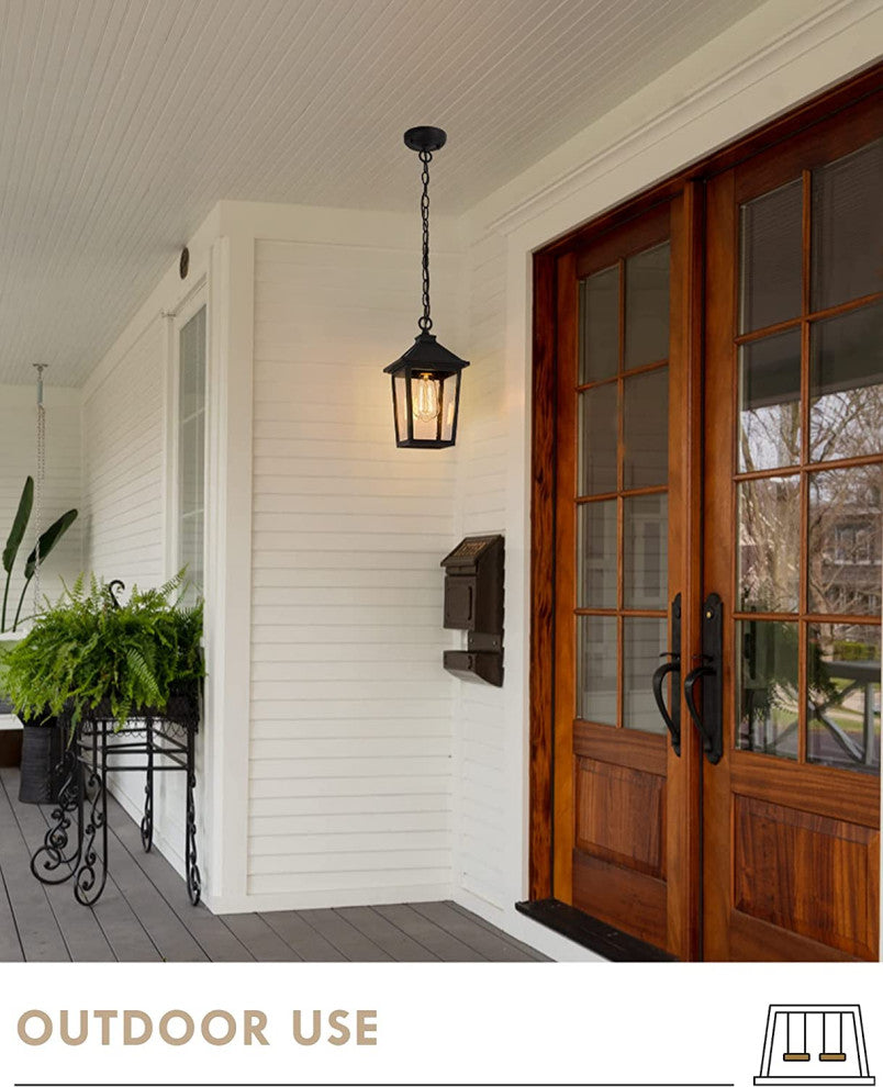 Farmhouse Exterior Hanging Porch Light, Black Chandelier, Seeded Glass Shade