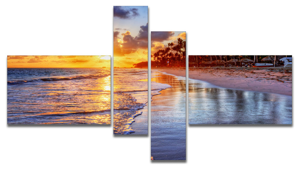Beach Side Resort With Palm Trees, Seashore Canvas Art Print, 60"x32", 4 panels
