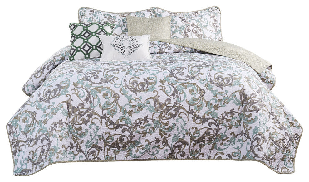 Serenta Ravello Scroll Printed Quilted 6 Piece Bed Spread Set, Teal / Turquoise, Queen