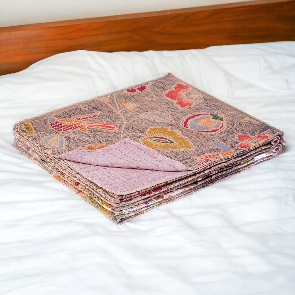 50"x70" Gray and Pink Kantha Cotton Floral Throw Blanket With Embroidery