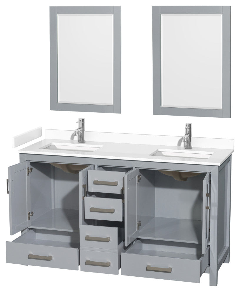 60"DBL Bathroom Vanity Gray, White Cult. Marble Countertop, Sinks, 24" Mirrors