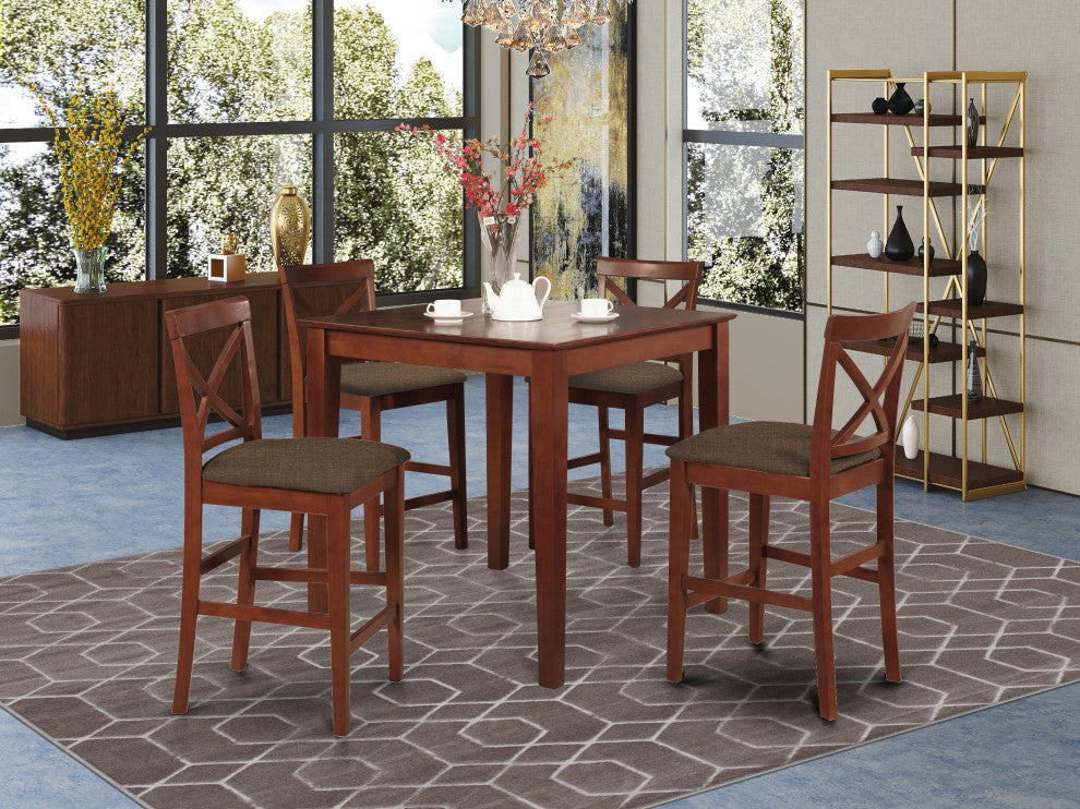 5Pc Dining Set, A Dinette Table, 4 Chairs, Linen Fabic Seat, Mahogany Finish
